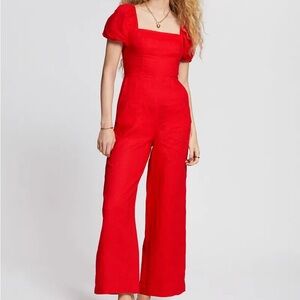 & Other Stories Red Linen Tie Back Jumpsuit